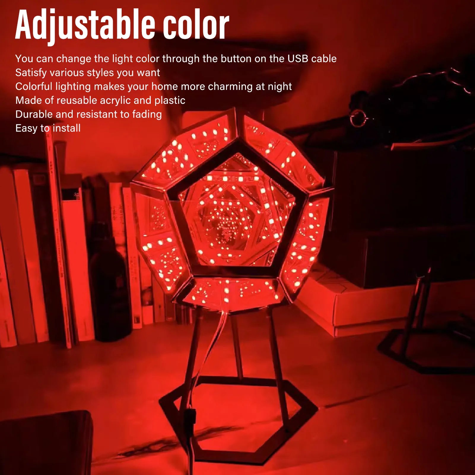 Adjustable USB 3D LED Cube Light with remote beside a stylish bookshelf, clearly enhancing the room's ambiance.