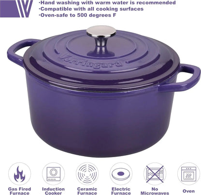 Enameled cast iron dutch oven 6QT in use on a stovetop, showcasing its suitability for one-pot meals and artisanal bread baking.