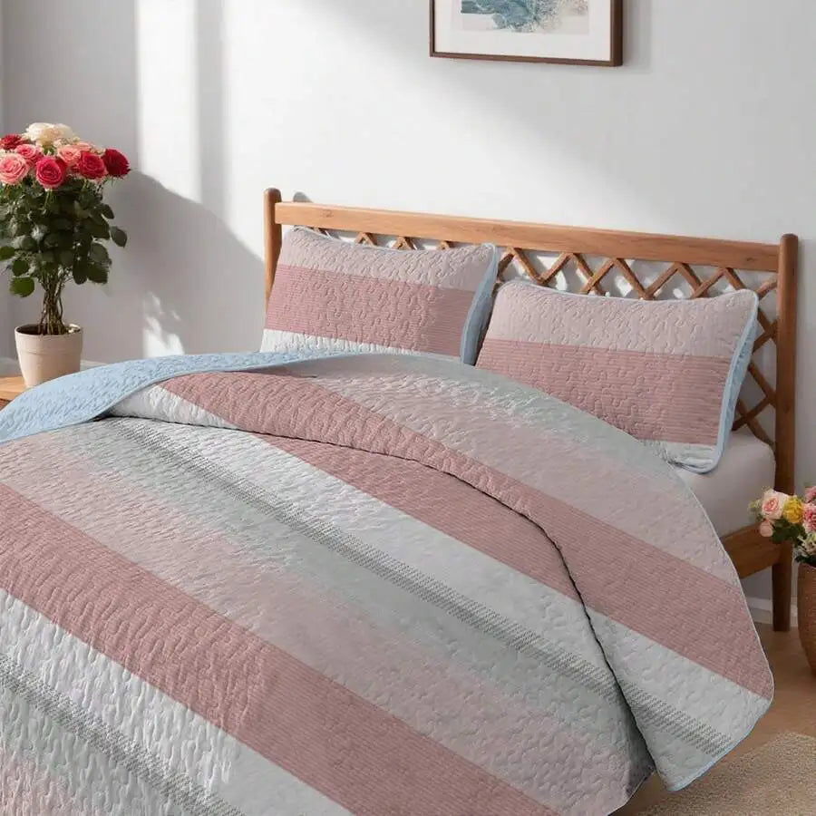 Pink and White Striped Quilt Set, Lightweight All-Season Bedspread with Pillow Shams for Queen & King Beds with decorative pink striped quilt bedding for a bedroom