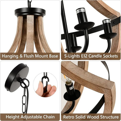 Image of the 5-Light Farmhouse Lantern Wood Chandelier highlighting its adjustable hanging height and overall dimensions.