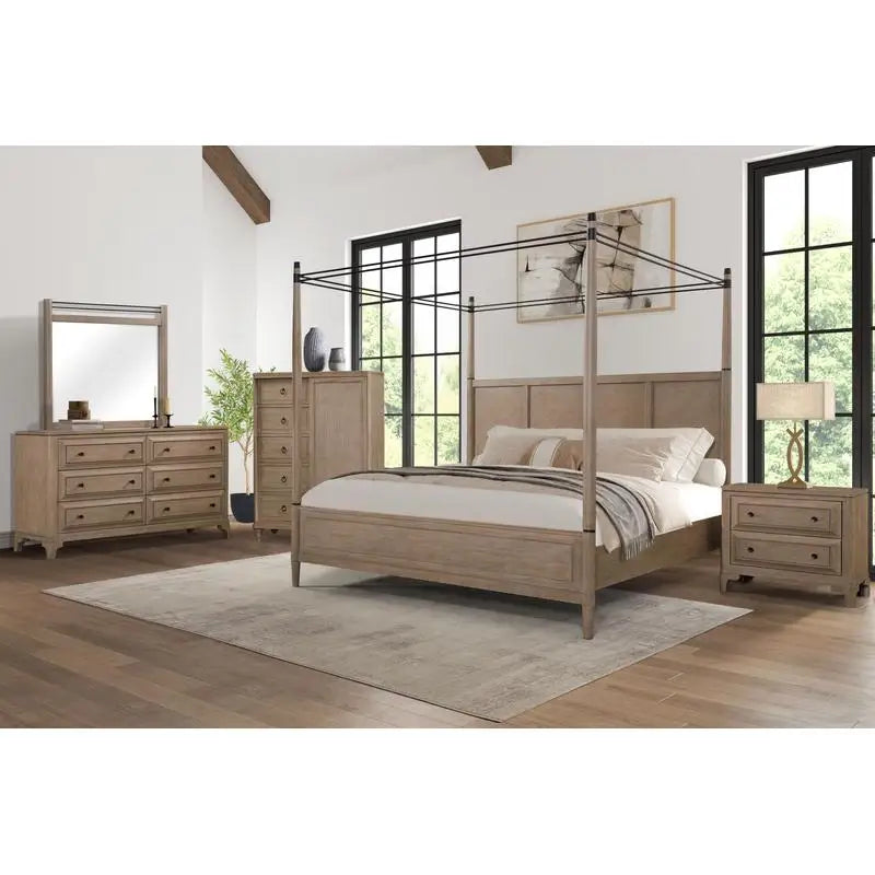 Wilmington Canopy Bedroom Set in Sand showcasing the elegant canopy design that adds luxury and height to your bedroom.