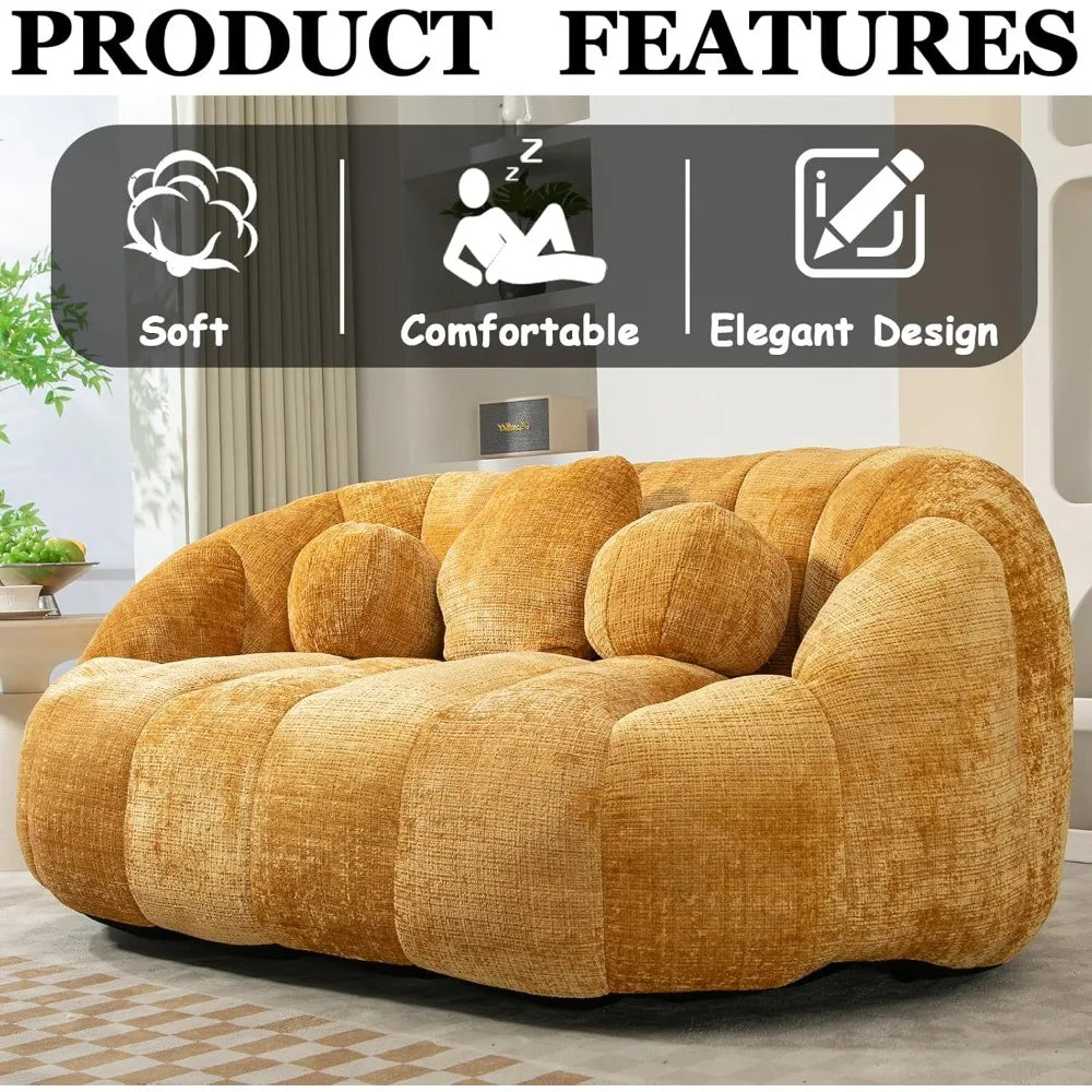 Luxurious Ergonomic Oversized(63.8W) Chenille Fluffy Lazy Sofa Set w/Three(3) Cushions 
