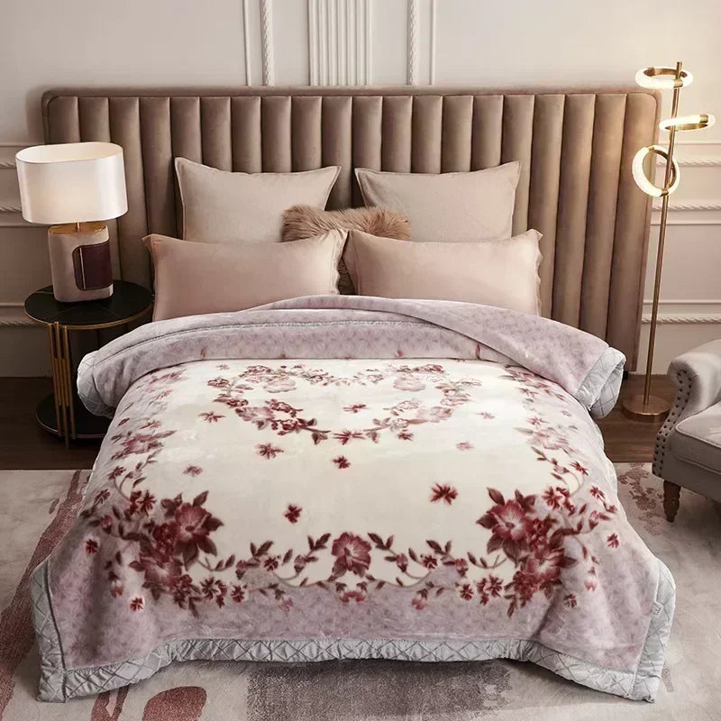 Korean Raschel 2-Ply Heavy Fleece Blanket, 78x90 Queen Size Reversible Geometric Plush Blanket styled in pink with floral borders; reversible geometric blanket for plush comfort.