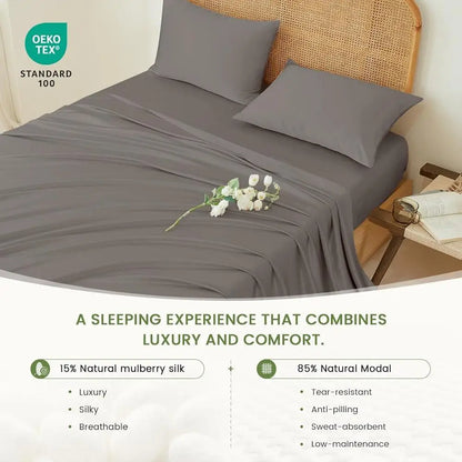 Queen Size Mulberry Silk Sheet Set in Charcoal