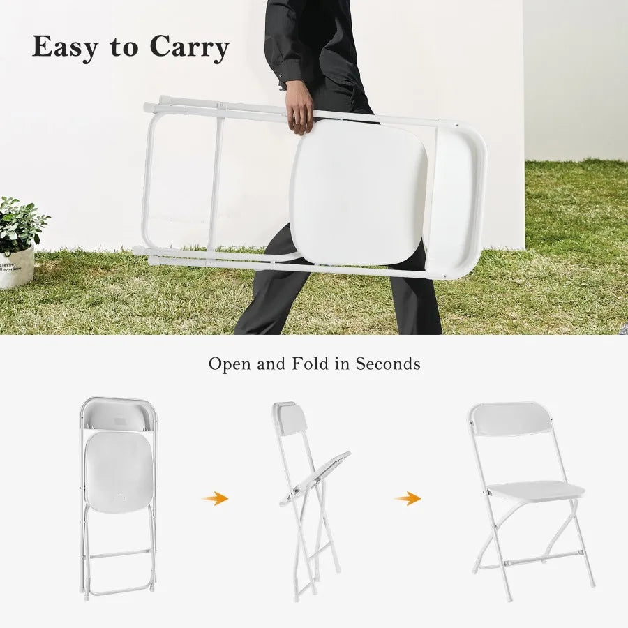 Clean and modern setup featuring white folding chairs highlighted with floral centerpieces for an event.