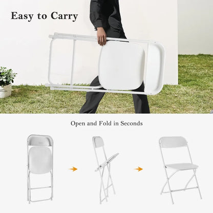 Clean and modern setup featuring white folding chairs highlighted with floral centerpieces for an event.