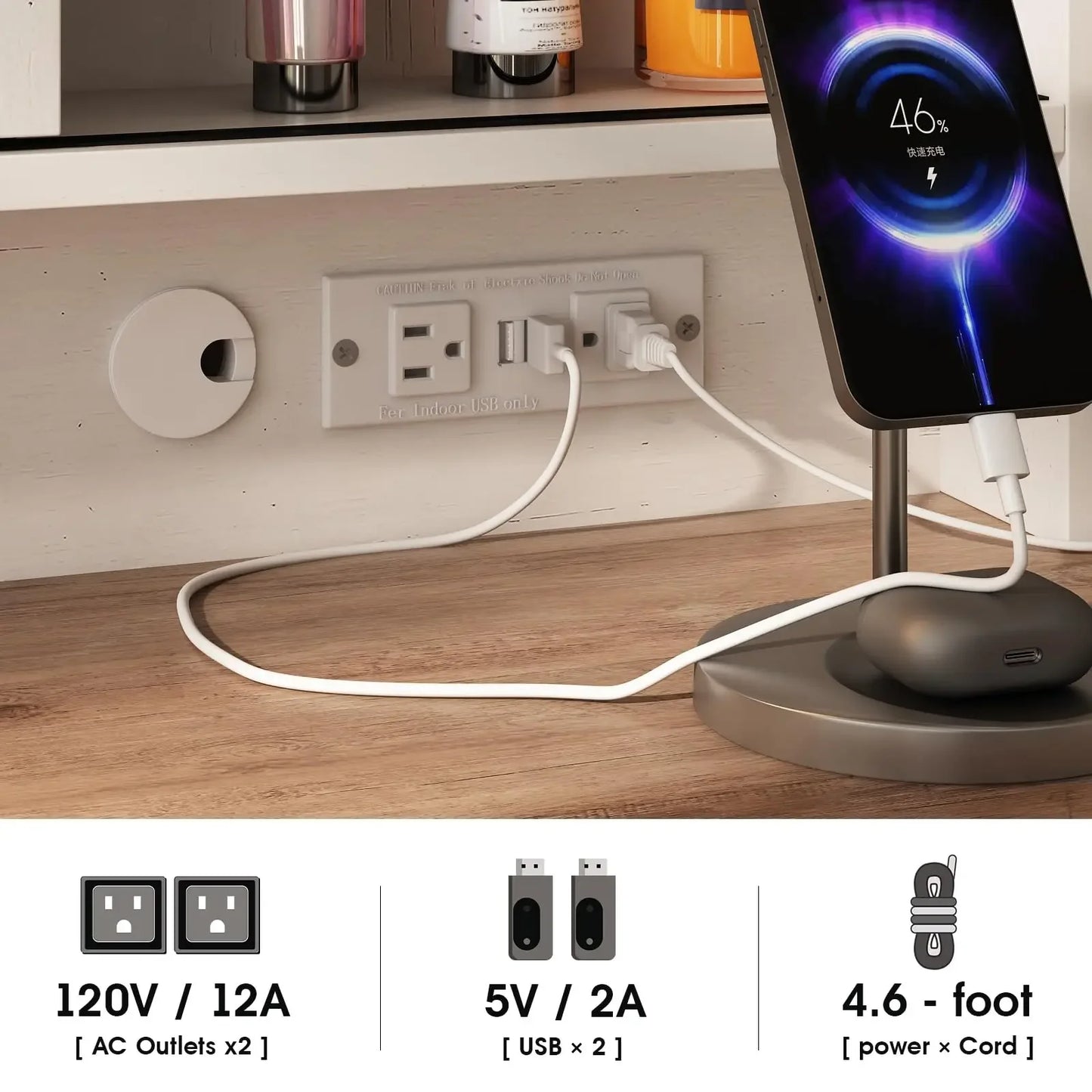 Farmhouse Vanity Makeup Desk w/Stool & Charging Station