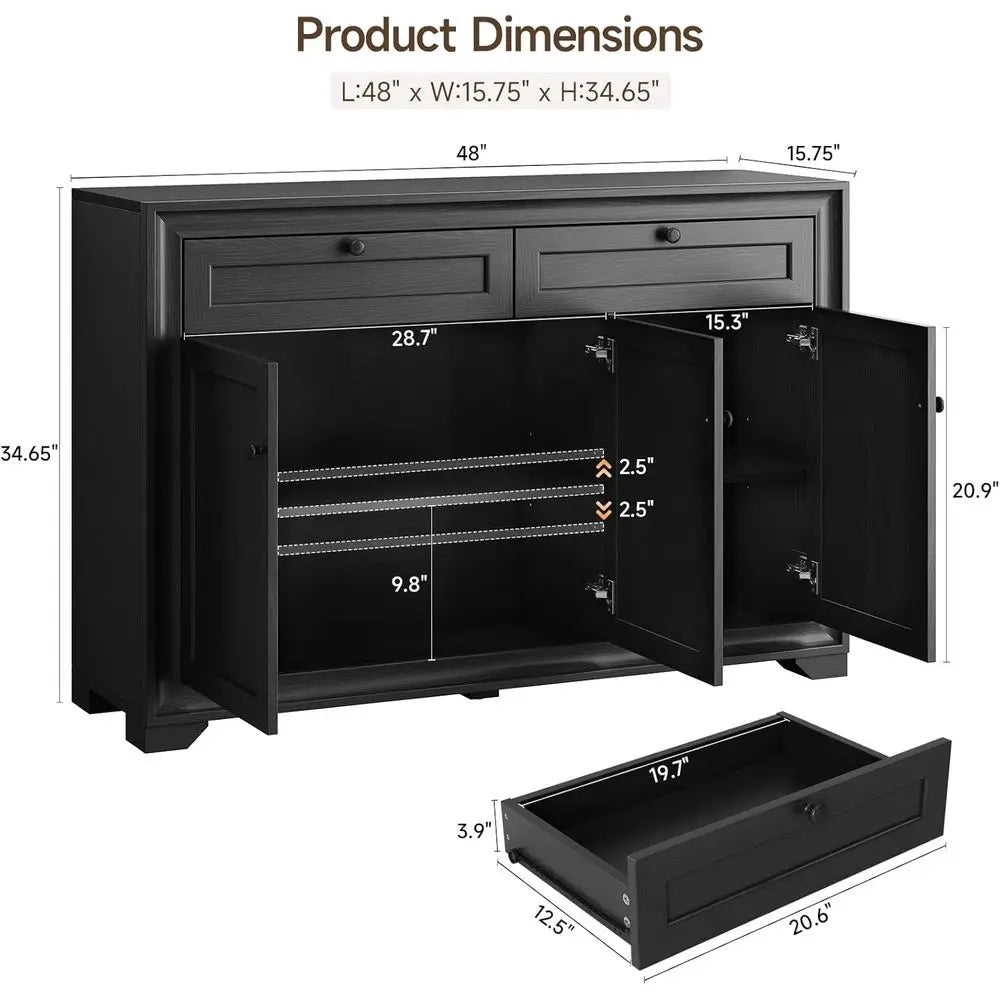 Stylish 48” Farmhouse Buffet Cabinet with Storage, Black Sideboard Coffee Bar, highlighting adjustable shelves and high-end modern farmhouse look.