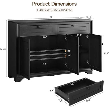 Stylish 48” Farmhouse Buffet Cabinet with Storage, Black Sideboard Coffee Bar, highlighting adjustable shelves and high-end modern farmhouse look.