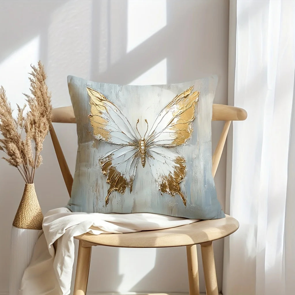 Set of 4 Gold Feather and Butterfly Bohemian Throw Pillow Covers, 17.7-Inch Decorative Cushion Cases with gold-and-white feather and butterfly design