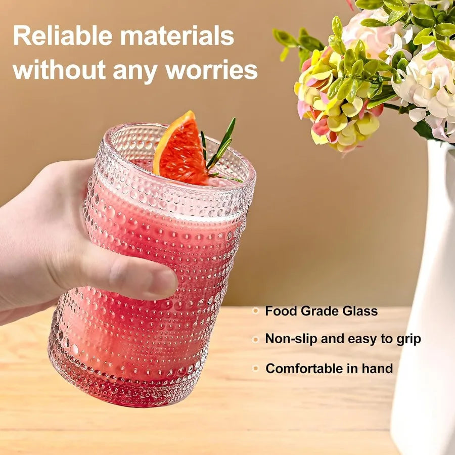 Vintage Hobnail Glass Drinking Glasses Set of 6 with matching glass straws, perfect for serving drinks in beautiful vintage hobnail glassware.