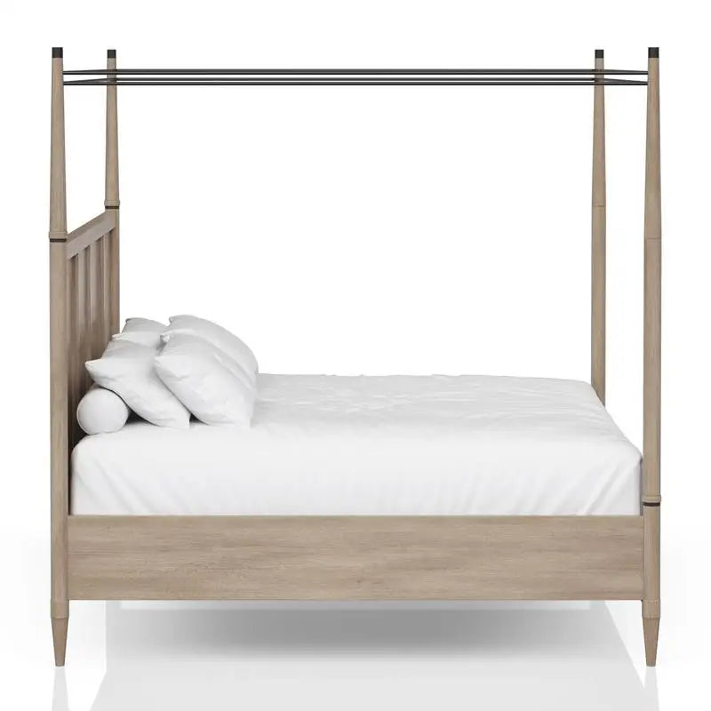 Close-up of the Wilmington Canopy Bedroom Set in Sand highlighting the wire-brushed Mindi veneer and rich wood grain.