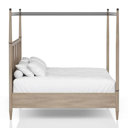 Close-up of the Wilmington Canopy Bedroom Set in Sand highlighting the wire-brushed Mindi veneer and rich wood grain.