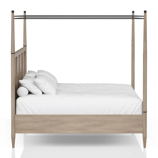 Close-up of the Wilmington Canopy Bedroom Set in Sand highlighting the wire-brushed Mindi veneer and rich wood grain.