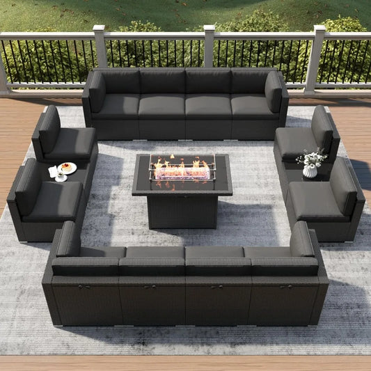 Modern 15-piece Black Outdoor Patio Furniture Set w/Fire Pit Table