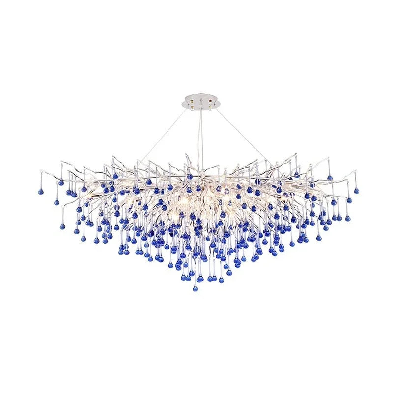 Luxury Chrome Branch  &  Silver Blue Crystal Ceiling Chandelier