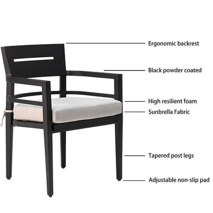 Rectangular patio table of the Modern Black Aluminum Dining Set with umbrella hole, designed to seat 6.