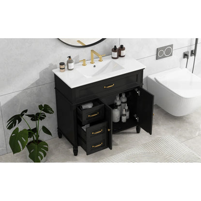 Freestanding 36" Black  Bathroom Vanity w/Retro Gold Handles & Ceramic Sink