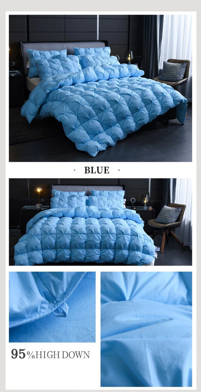 Luxurious White Goose Down Comforter laid out on a bed, showcasing its fluffy and inviting appearance.