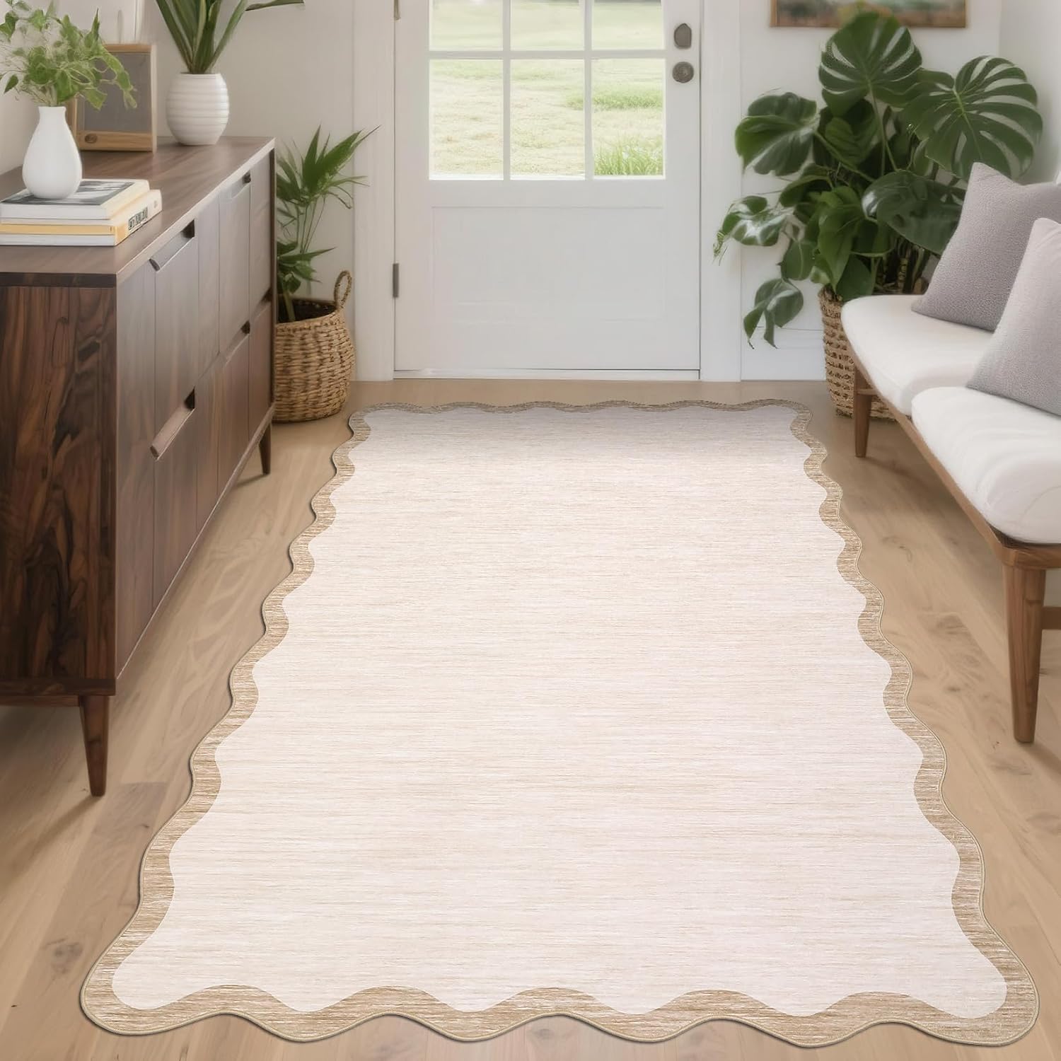 8 x 10 Beige Scalloped Area Rug, Washable Non-Slip Polyester with a Faux Wool Feel, versatile beige area rug for modern farmhouse décor