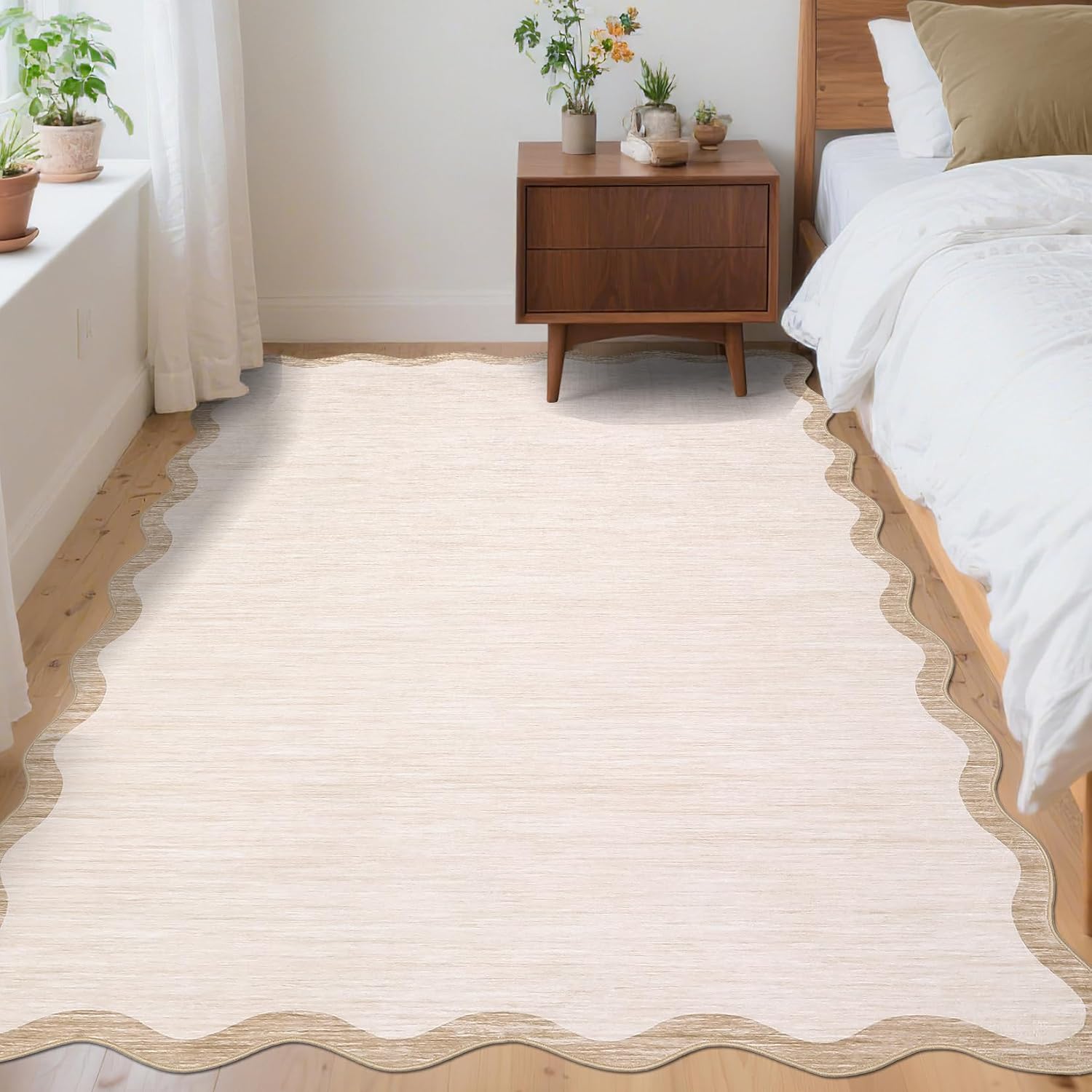 8 x 10 Beige Scalloped Area Rug, Washable Non-Slip Polyester with a Faux Wool Feel, beige area rug in a cozy home interior