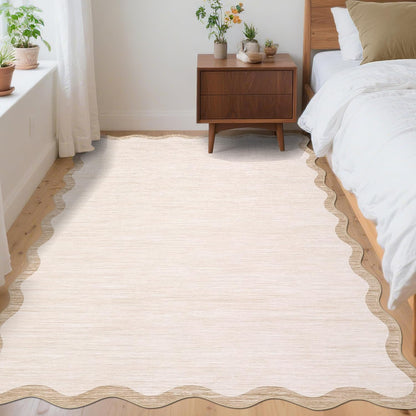 8 x 10 Beige Scalloped Area Rug, Washable Non-Slip Polyester with a Faux Wool Feel, beige area rug in a cozy home interior