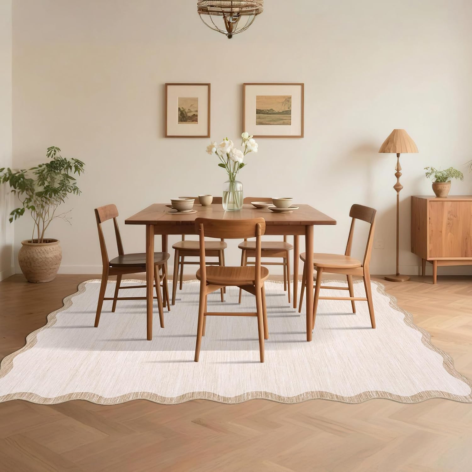 8 x 10 Beige Scalloped Area Rug, Washable Non-Slip Polyester with a Faux Wool Feel, contemporary beige area rug with soft texture