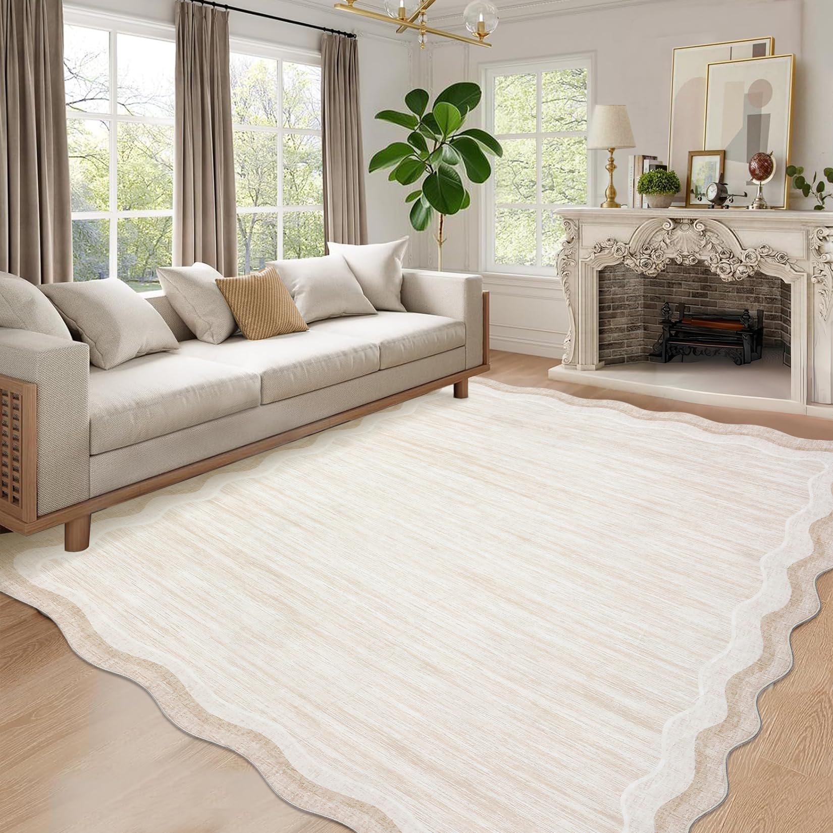 8 x 10 Beige Scalloped Area Rug, Washable Non-Slip Polyester with a Faux Wool Feel, beige area rug paired with modern décor