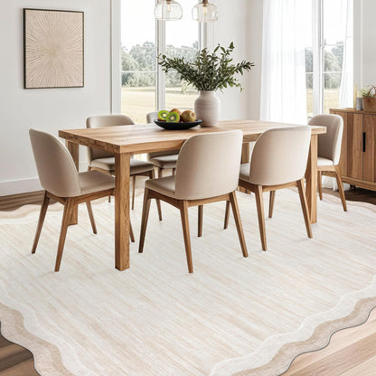 8 x 10 Beige Scalloped Area Rug, Washable Non-Slip Polyester with a Faux Wool Feel, stain-resistant beige area rug for high-traffic spaces