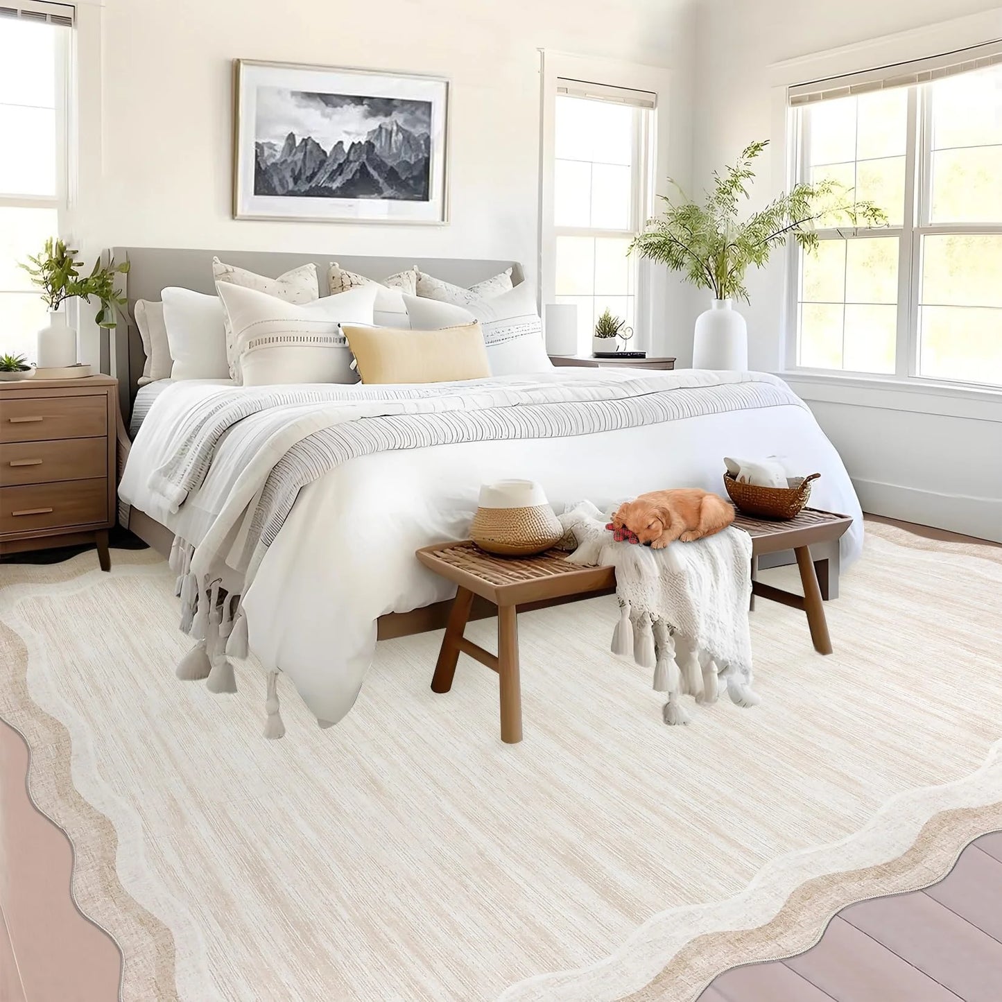8 x 10 Beige Scalloped Area Rug, Washable Non-Slip Polyester with a Faux Wool Feel, beige area rug with non-shedding polyester surface