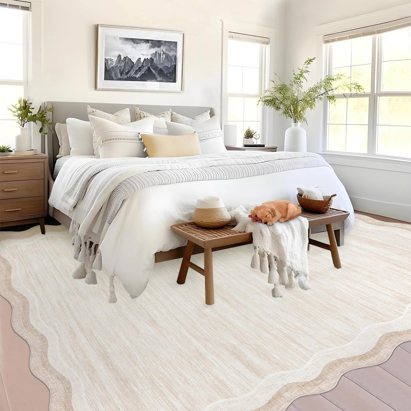 8 x 10 Beige Scalloped Area Rug, Washable Non-Slip Polyester with a Faux Wool Feel, beige area rug with non-shedding polyester surface