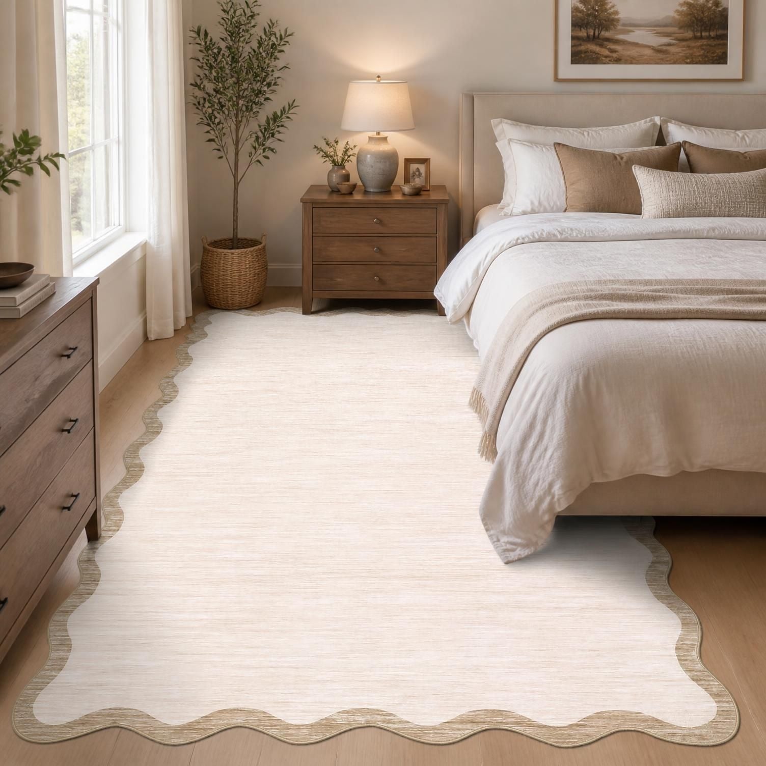 8 x 10 Beige Scalloped Area Rug, Washable Non-Slip Polyester with a Faux Wool Feel, beige area rug under a dining table