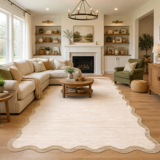 8 x 10 Beige Scalloped Area Rug, Washable Non-Slip Polyester with a Faux Wool Feel, beige area rug shown in a modern room