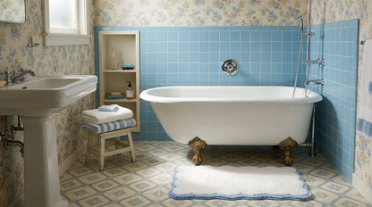 20 x 30 Cotton Bath Rug, Scalloped Edge Bathroom Mat placed in a bright, stylish bathroom setting