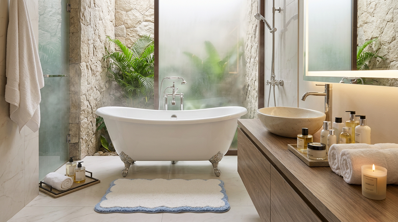 20 x 30 Cotton Bath Rug, Scalloped Edge Bathroom Mat with a cozy tufted texture and white color