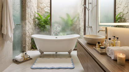 20 x 30 Cotton Bath Rug, Scalloped Edge Bathroom Mat with a cozy tufted texture and white color