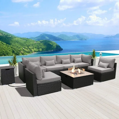 8-Piece Resin Wicker Sectional Sofa Set w/Gas Fire Pit Table