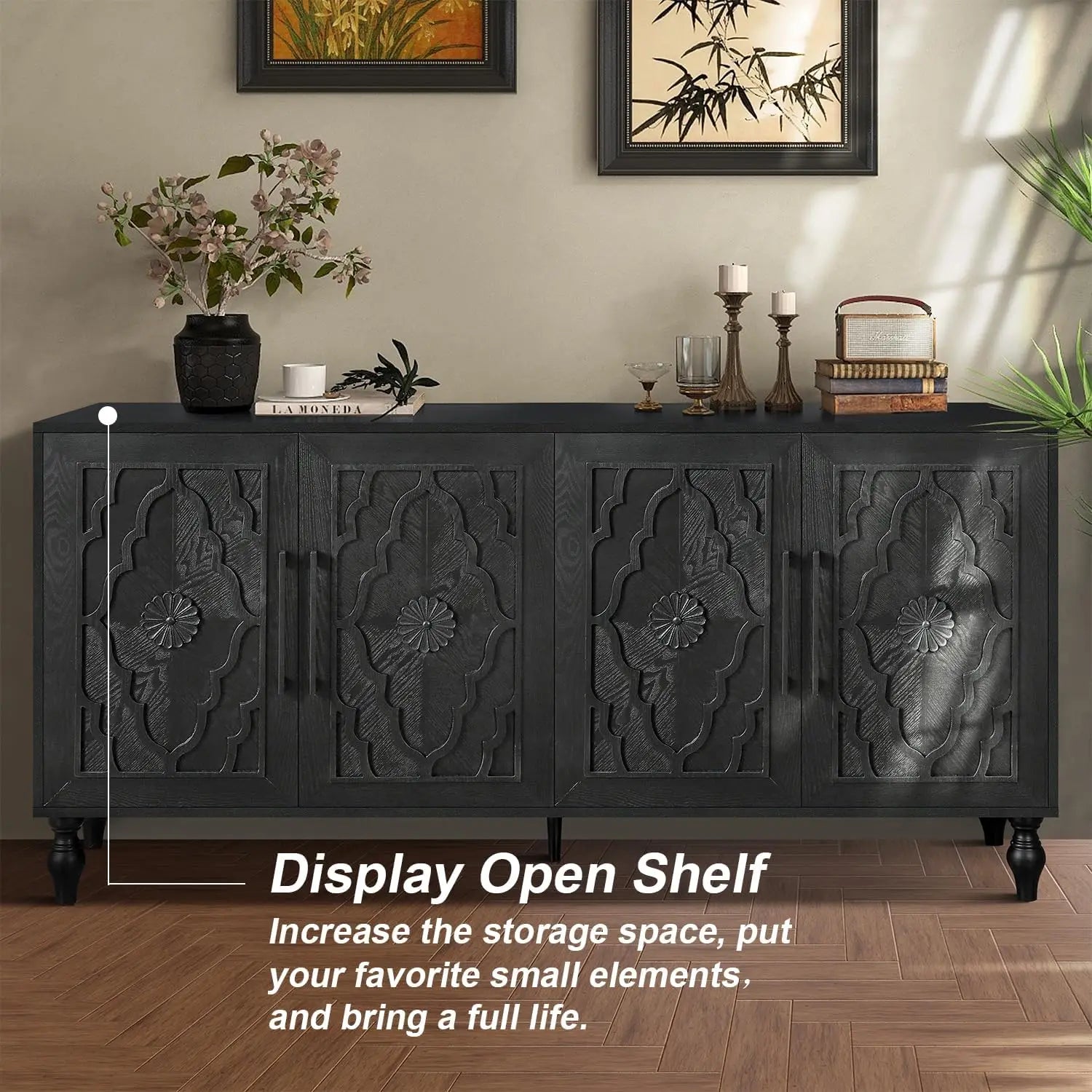 The Antique Black Carved Sideboard with Carved Flower Doors displayed in a warm living space, showcasing its versatility as a chic sideboard and a modern vintage focal point for your home.