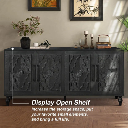The Antique Black Carved Sideboard with Carved Flower Doors displayed in a warm living space, showcasing its versatility as a chic sideboard and a modern vintage focal point for your home.