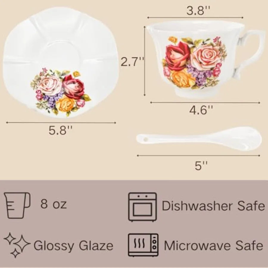 Stylish arrangement of vintage floral tea cups set against a backdrop of pastries, ideal for casual afternoon tea parties.