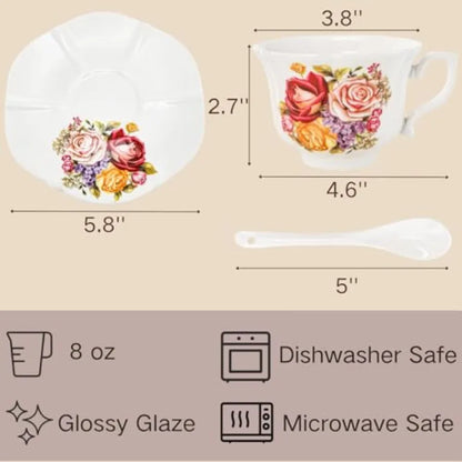 Stylish arrangement of vintage floral tea cups set against a backdrop of pastries, ideal for casual afternoon tea parties.