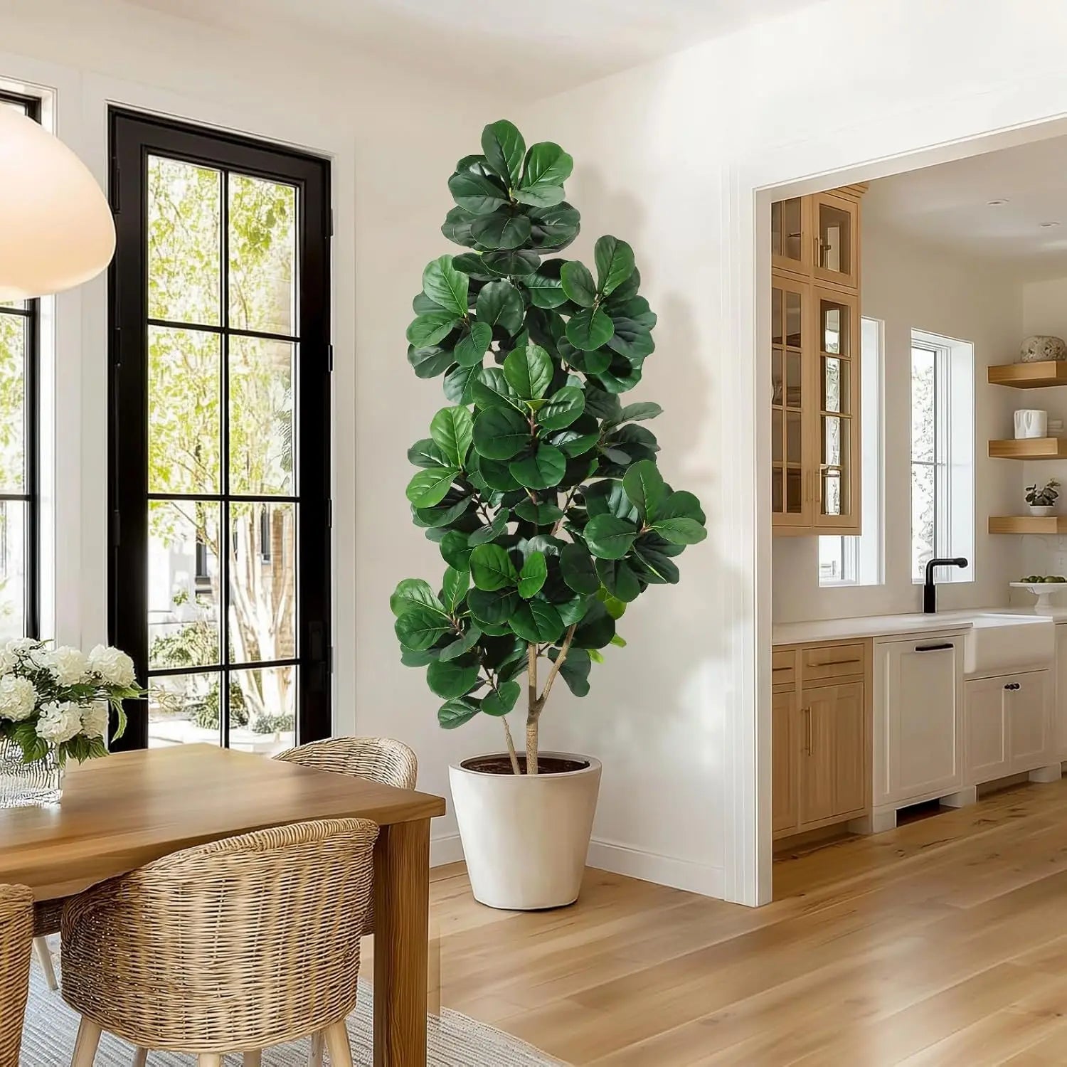 7FT Realistic Faux Fiddle Leaf Fig Tree in Modern White Planter - No Maintenance Required, showcasing lifelike green leaves and a stylish design.