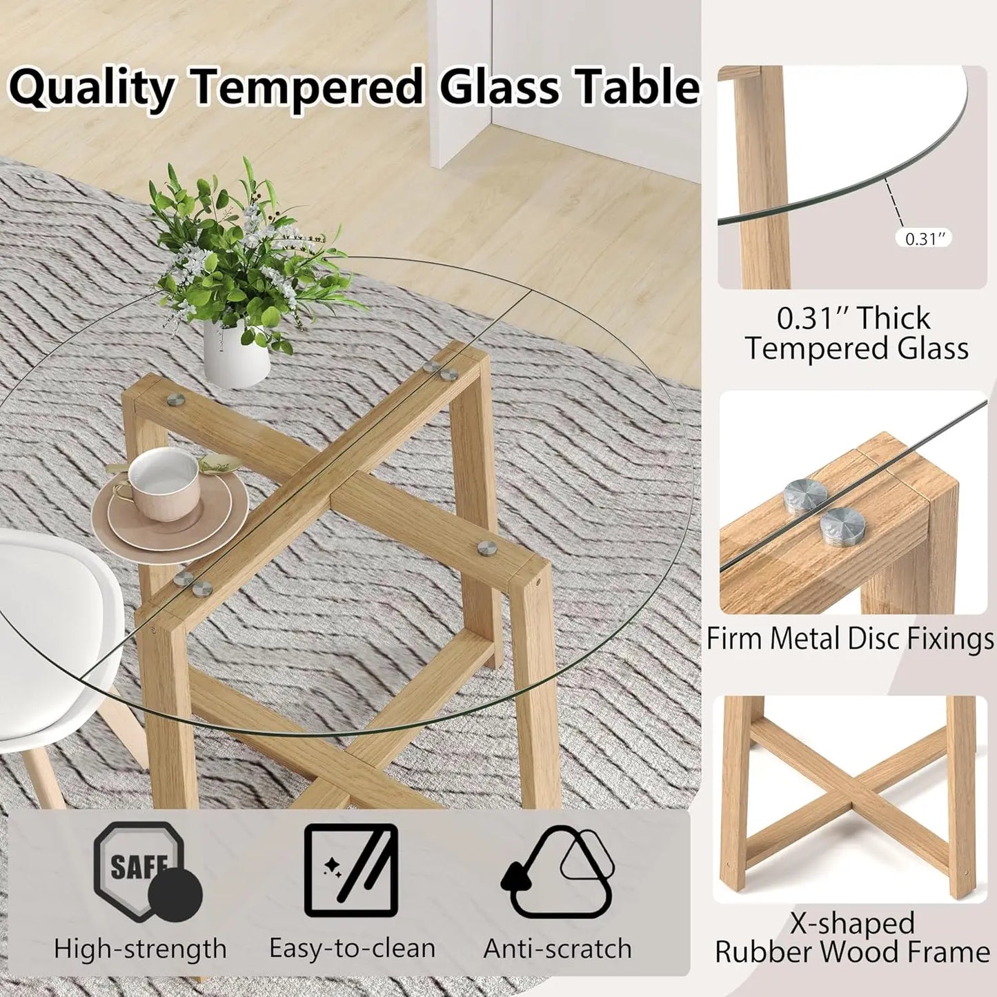 Modern 42” Round Glass Dining Table Set with Padded Chairs – Stylish Seating for 4–6 featuring a cozy gathering with food and drinks.