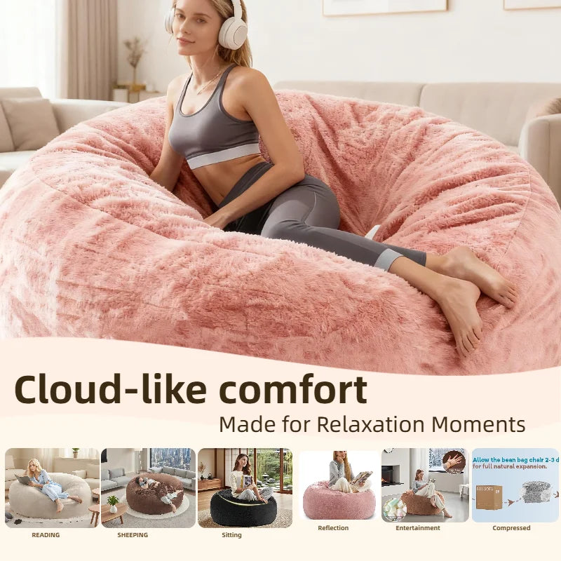 Stylish coffee and brown variations of the Oversized Faux Fur Bean Bag Chair for Adults, demonstrating versatile decor options. This oversized bean bag chair is perfect for any living space.