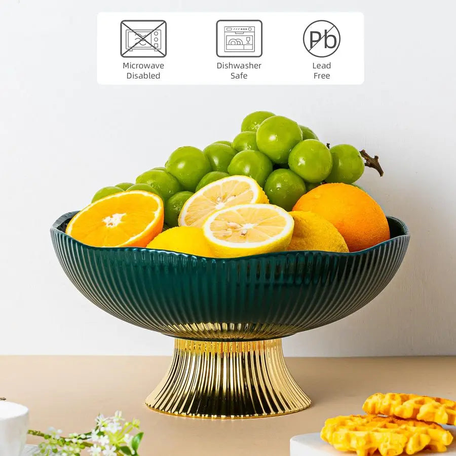 Side angle of the Luxury Green Ceramic Pedestal Fruit Bowl with Gold Base – Elegant 10” Decorative Centerpiece highlighting its shiny gold base and elegant pedestal design.