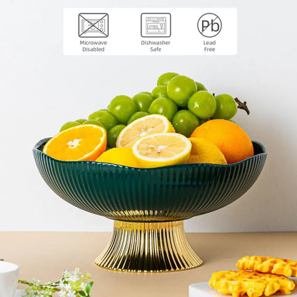 Side angle of the Luxury Green Ceramic Pedestal Fruit Bowl with Gold Base – Elegant 10” Decorative Centerpiece highlighting its shiny gold base and elegant pedestal design.