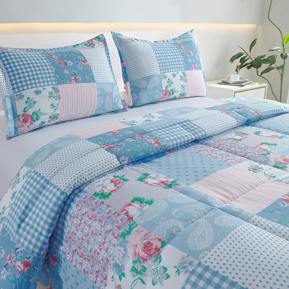 Luxury Blue Floral Quilt Set – Lightweight All-Season Comforter Bedding, Ultra-Soft Breathable Bed Set