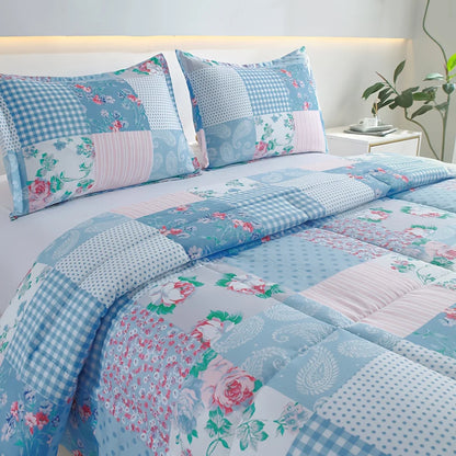 Luxury Blue Floral Quilt Set – Lightweight All-Season Comforter Bedding, Ultra-Soft Breathable Bed Set