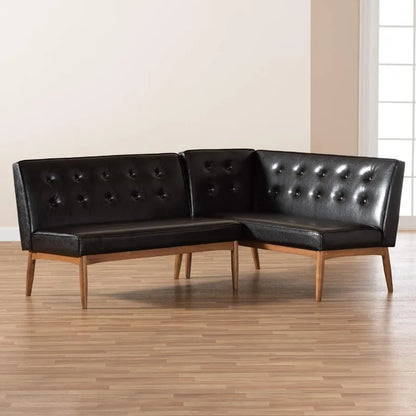 Back view of the Mid-Century Modern 2-Piece Dark Brown Wood Dining Corner Sofa Bench, highlighting its sturdy structure and dark brown upholstery as a perfect mid-century modern bench for any dining area.