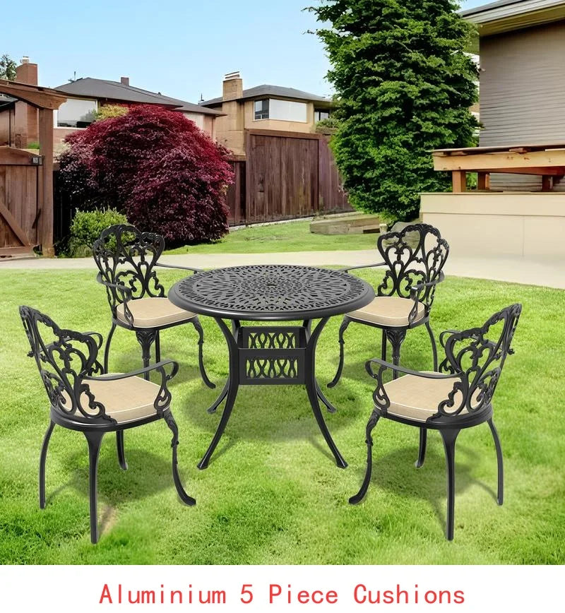   3 or 5-Piece All-Weather Black Cast Aluminum Patio Set w/Swivel Chairs & Cushions